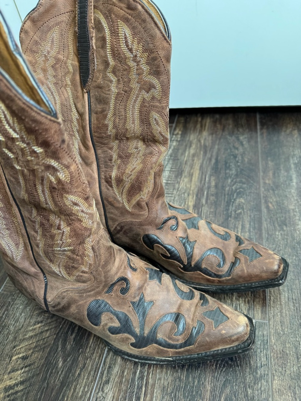 JB Dillon Goatskin Mens Brown Leather Inlaid Cowboy Western Boots 10 EE - Picture 3 of 14